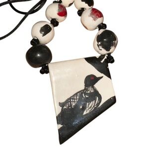 EUC Bird, Black and White Ceramic Necklace